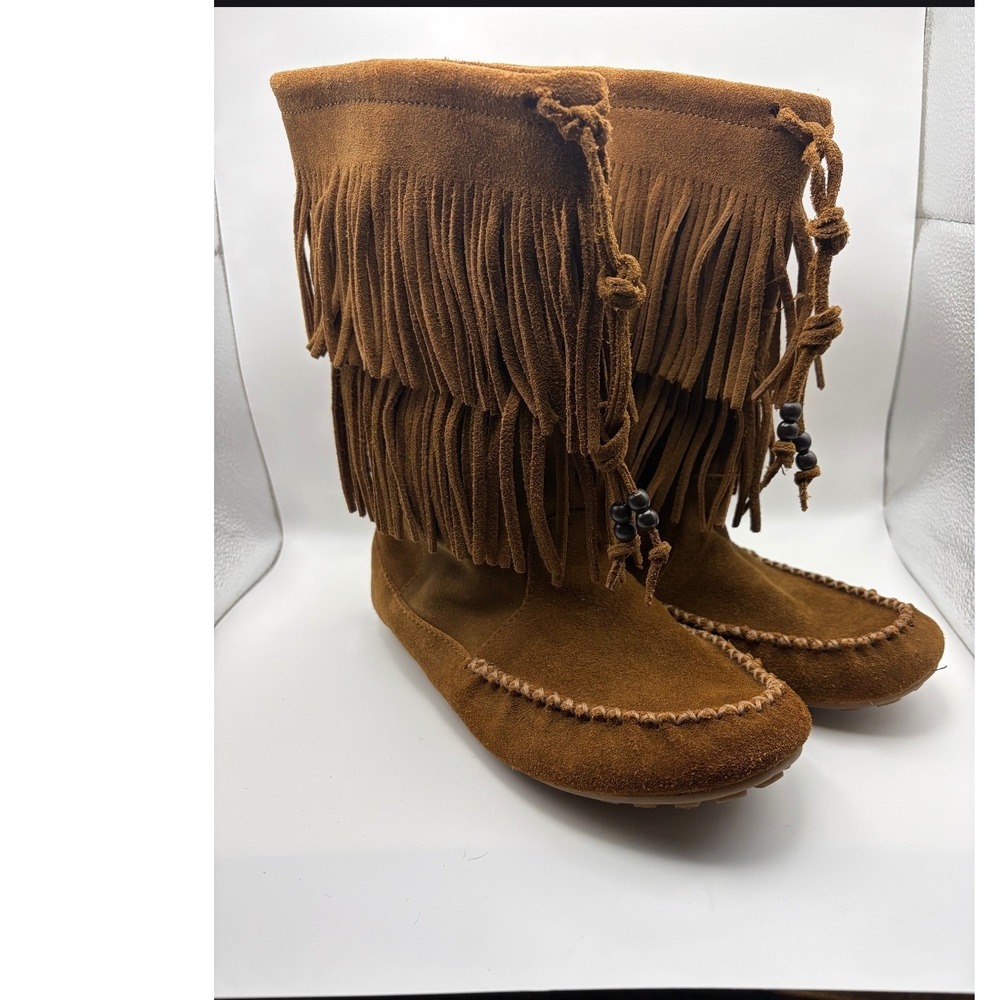 Minnetonka Womens 3-Layer Fringe Boots Brown Suede Moccasin 84673 Size 10